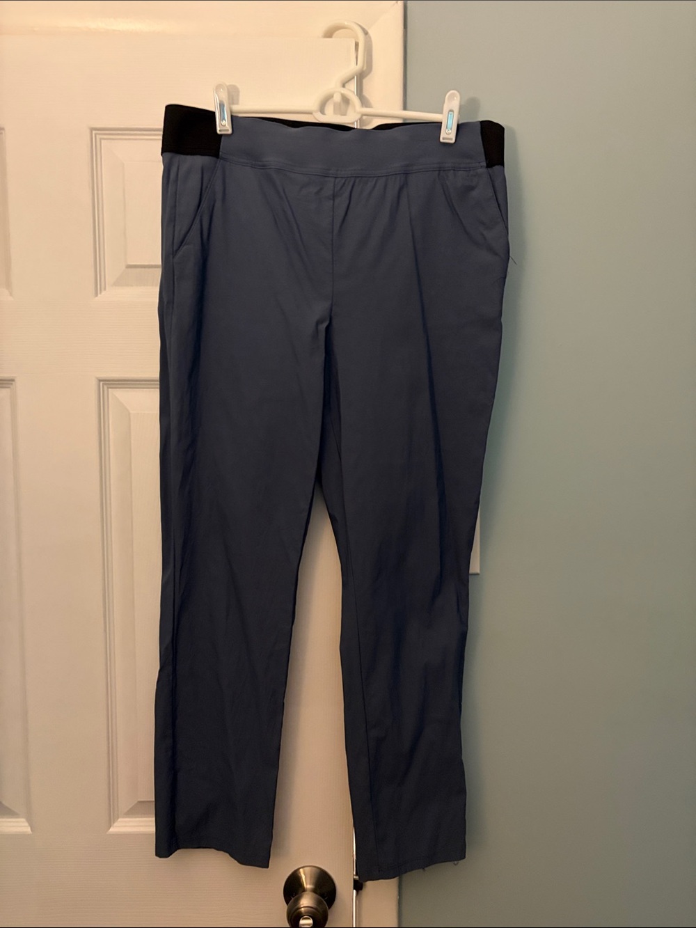 Vera Wang Slate Blue Straight-Leg Pants with Black Waistband